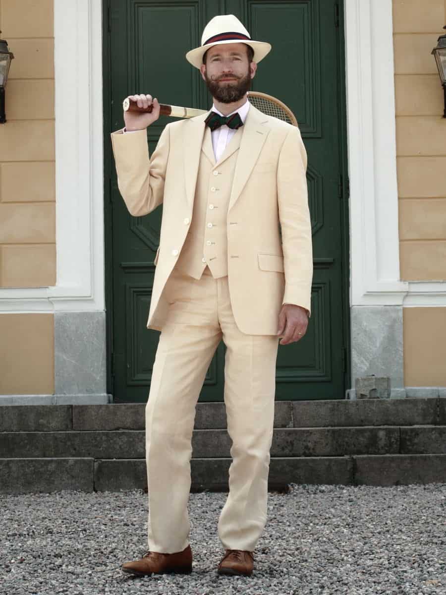 linen suit with bow tie