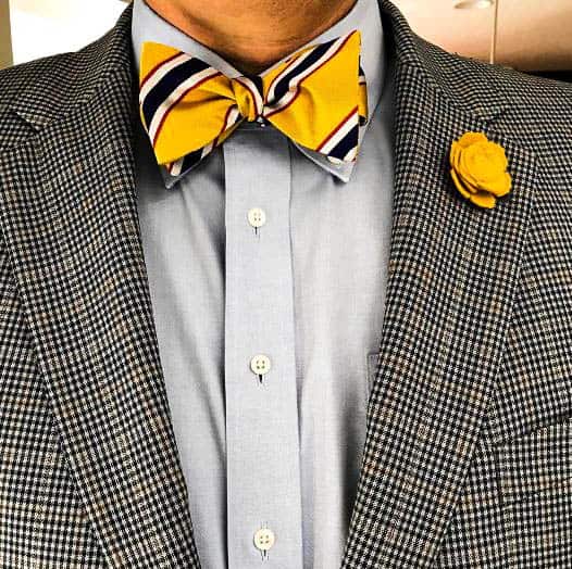 Gray Checked Suit, Gray Shirt, and Yellow Bow Tie