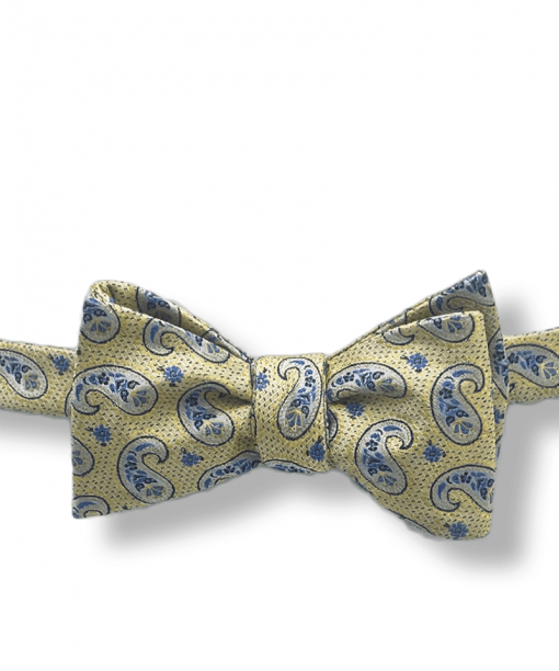 Aura Yellow Paisley Bow Tie tied