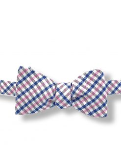 Bernard-blue-pink-gingham-silk-self-tie-bow-tie that is shown tied