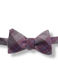 Isaac-burgundy-plaid-silk-self-tie-bow-tie shown tied