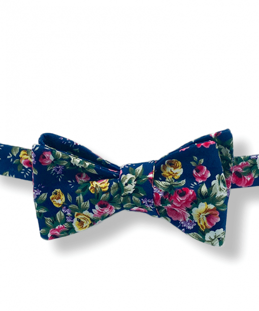 Navy Blue Big Bold Floral Bow Tie tied