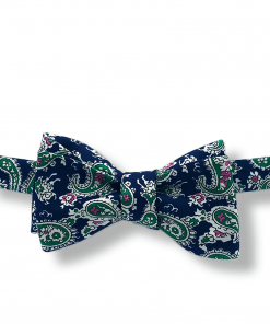 Yokono Navy Blue and Green Paisley Bow Tie tied