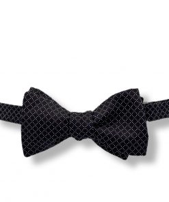 black jacquard italian silk bow tie that is self tie and shown tied