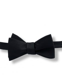 black silk bow tie that is self tie and shown tied