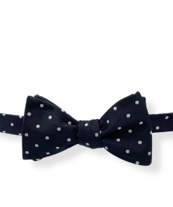 black silver polka dot silk bow tie that is self tie and shown tied