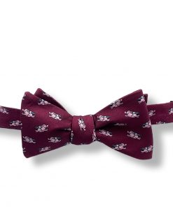 burgundy pigs fly novelty silk bow tie that is self tie and shown tied