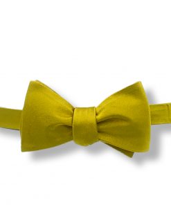 gold silk self tie bow tie that is shown tied