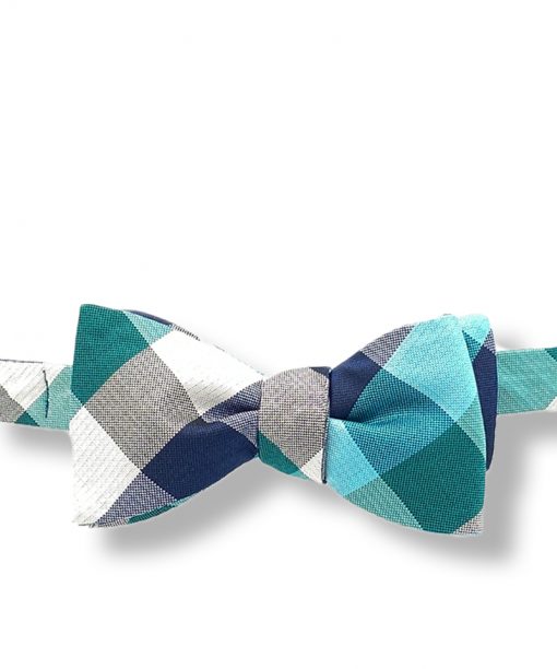 irvine-green-plaid-silk-self-tie-bow-tie shown tied