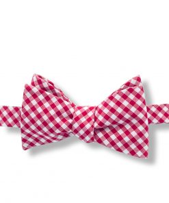 light red and white gingham checkered cotton self tie bow tie that is shown tied