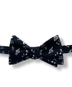 music notes black and white silk self tie bow tie that is shown tied