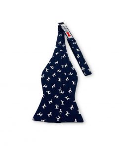 navy blue dog terrier silk bow tie that is self tie and shown untied