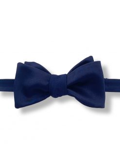 navy blue italian silk bow tie that is self tie and shown tied