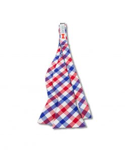 red white and blue gingham cotton self tie bow tie that is shown untied