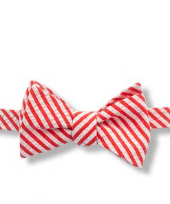 red and white seersucker striped cotton self tie bow tie that is shown tied